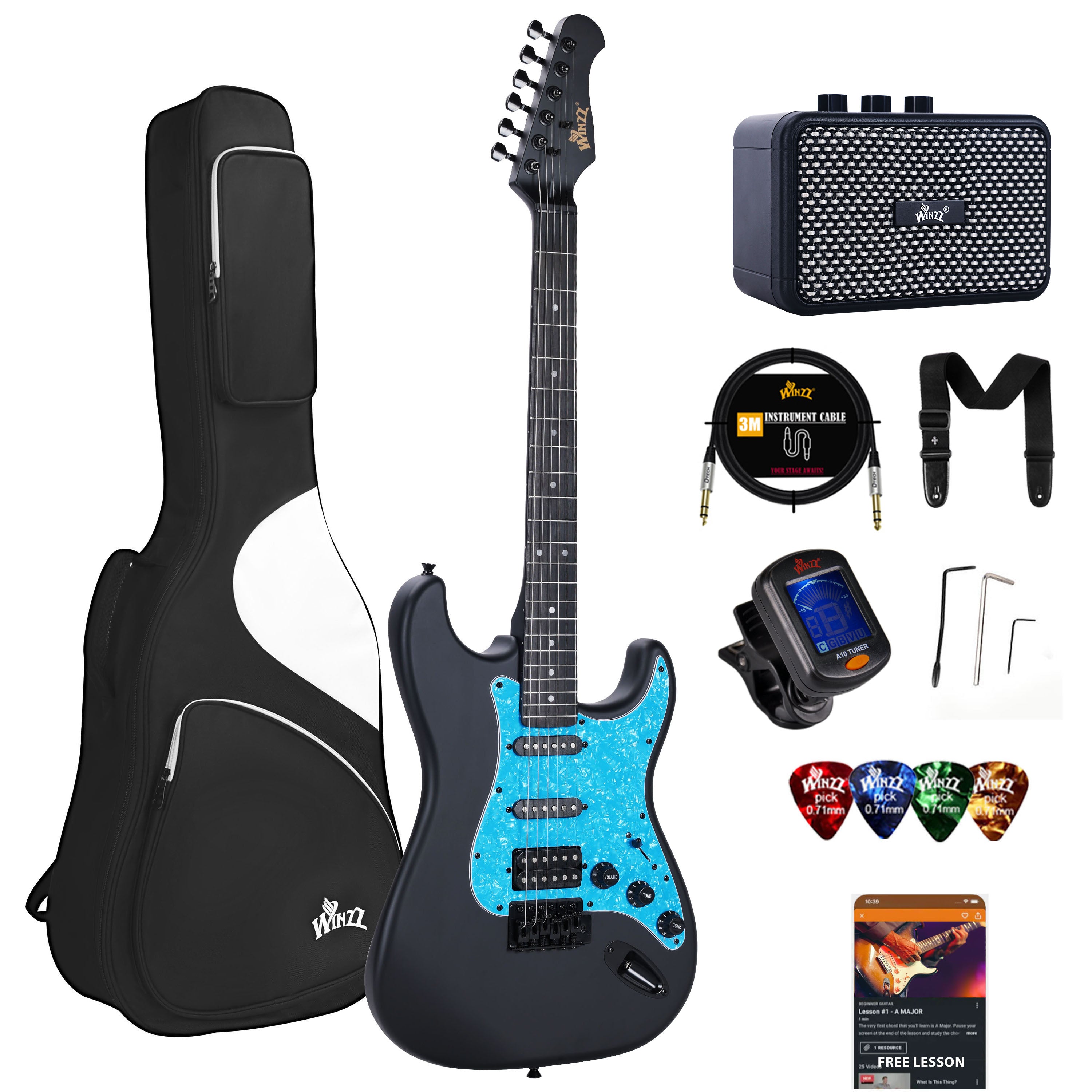 All-in-one Beginner's Kit featuring an amplifier, tuner, cable, and strap, offering a convenient package for newcomers to get started with their musical journey